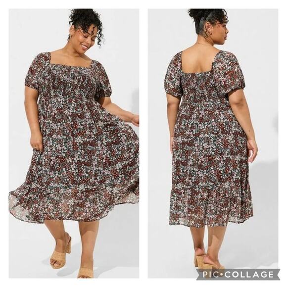 Torrid Black Flower Floral Tea Length Smocked Bodice A-Line Dress Size 0 Large - Picture 1 of 9